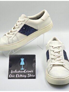 Tory Burch Women's White Leather Blue Glitter Carter Flat Sneakers Sz 11M 2661
